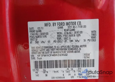 2011 Ford F-150 Fx2 z USA, uszkodzony, nr VIN 1FTFW1CF4BKD23022